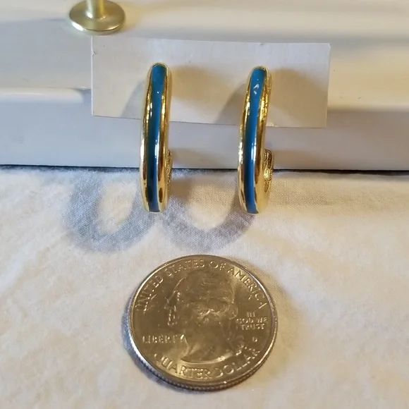 Vintage Teal & Gold Half Hoop Earrings - Picture 6 of 9